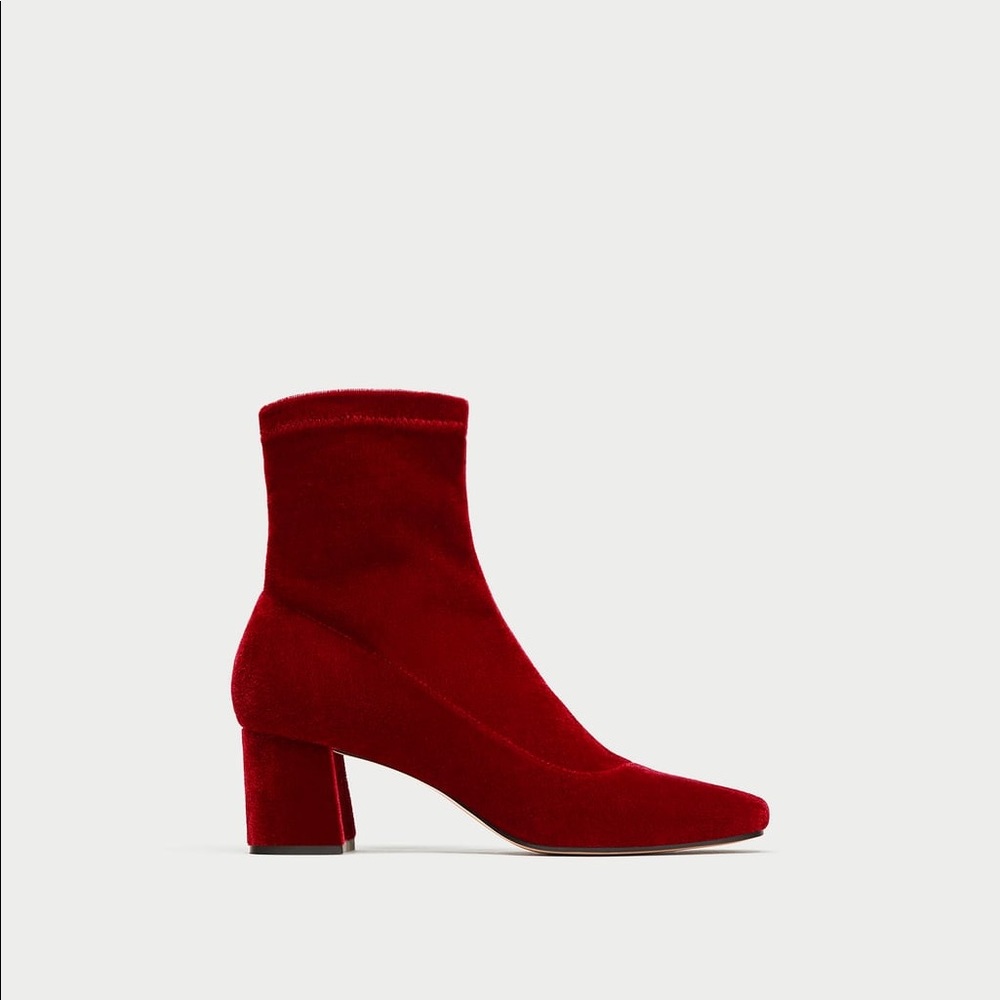 NWOT Zara Red Brick High Heel Velvet Ankle Boots - Picture 3 of 6